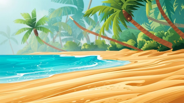 a painting of a tropical island with palm trees and water