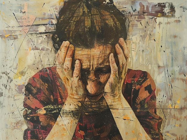a painting of a woman with her hands covering her face