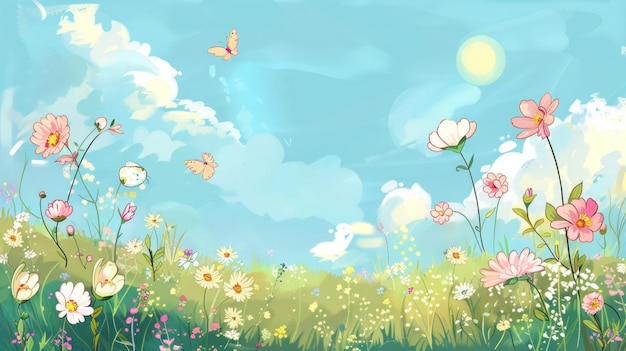a painting of flowers and butterflies in a blue sky