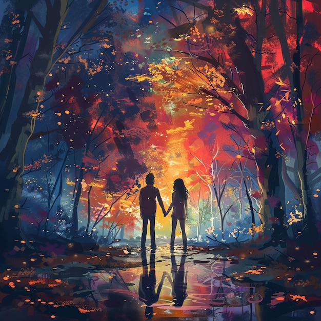 a painting of two people holding hands and a couple holding hands in the woods