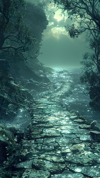 a path in the woods with a light on it