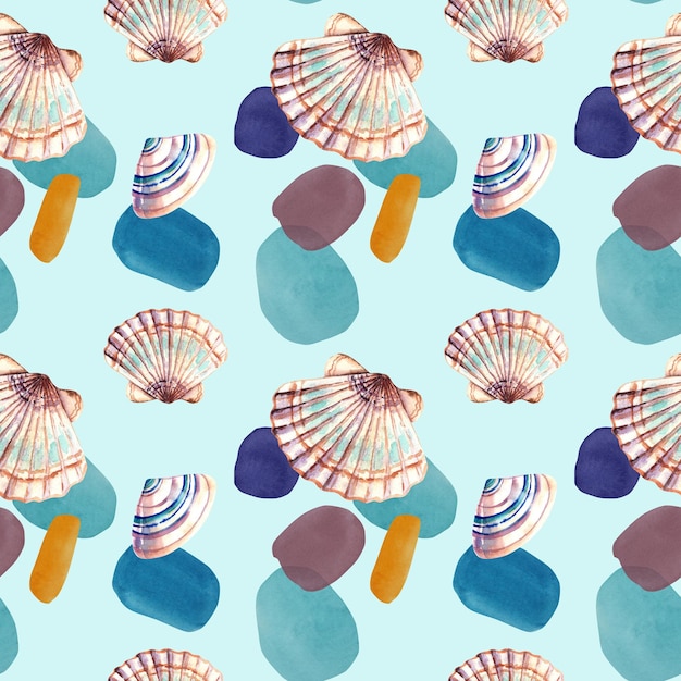 A pattern of seashells and watercolor spots Watercolor illustration Marine animals Inhabitants of the depths A collage of shells A trip to the sea