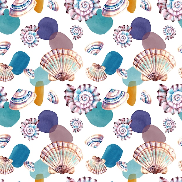 A pattern of seashells and watercolor spots Watercolor illustration Marine animals Inhabitants of the depths A collage of shells A trip to the sea