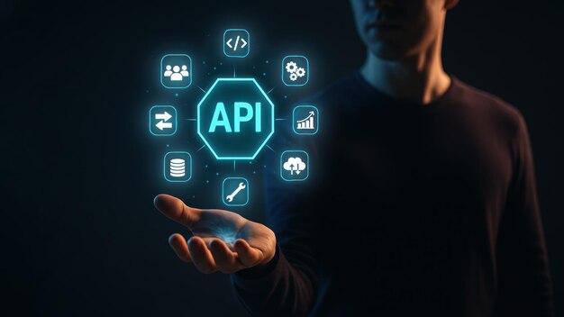 A person holds a glowing digital api object surrounded by a icons application programming interface api api programming