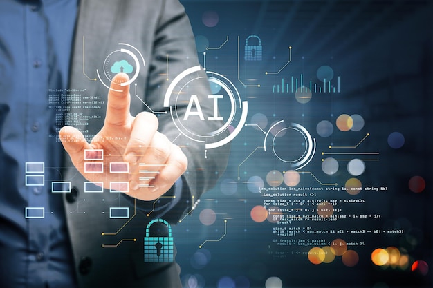 A person interacts with a futuristic AI interface with digital graphics and code symbolizing advanced technology on a dark background