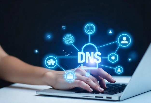 A person using a laptop with DNS Domain Name System icons and symbols displayed on the screen