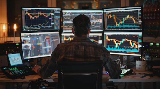 A person using multiple monitors to track gold stock market fluctuations investment finance