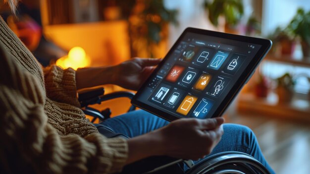 A person with disabilities using a touchscreen tablet to control various smart home devices the screen displaying options for lighting temperature and security the environment accessible and