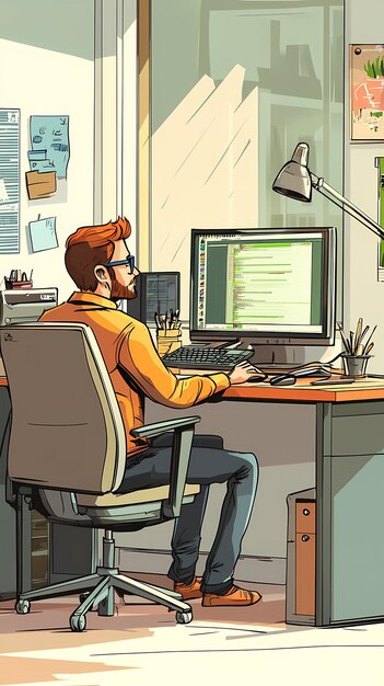 A person working at a desk with a computer engaged in programming or coding tasks