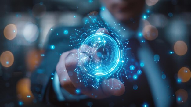 A person39s hand manipulates a threedimensional holographic globe with intricate connections and dig