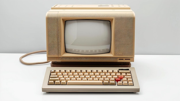 A photo of an old beige computer with a white screen and keyboard on top white background isolated