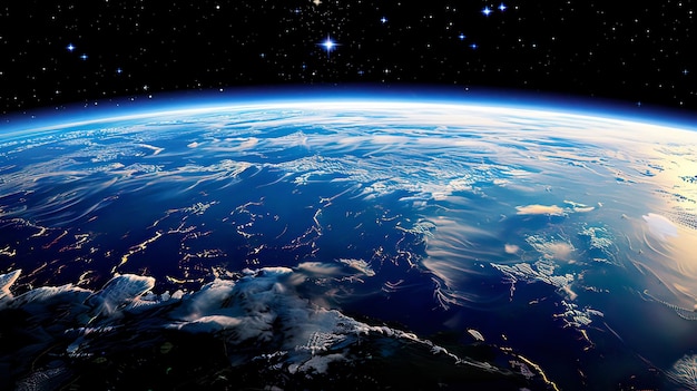 a picture of a planet with a blue sky and stars in the background