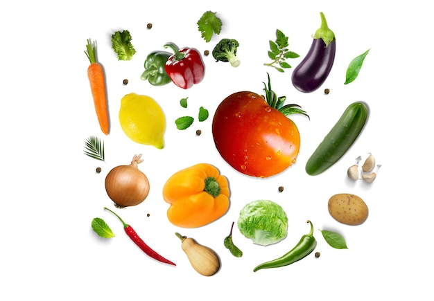 a picture of a variety of vegetables including a tomato cucumber peppers and onions