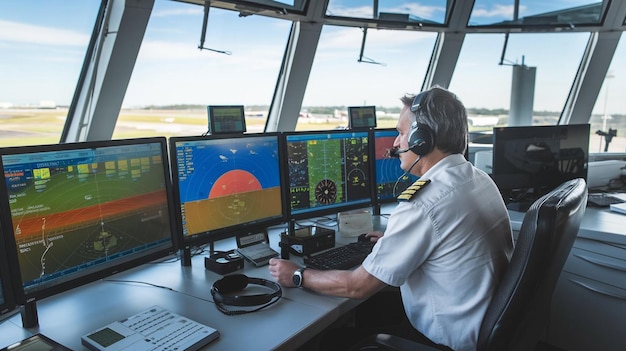 a pilot sits in front of a computer screen with the words  air force  on the left