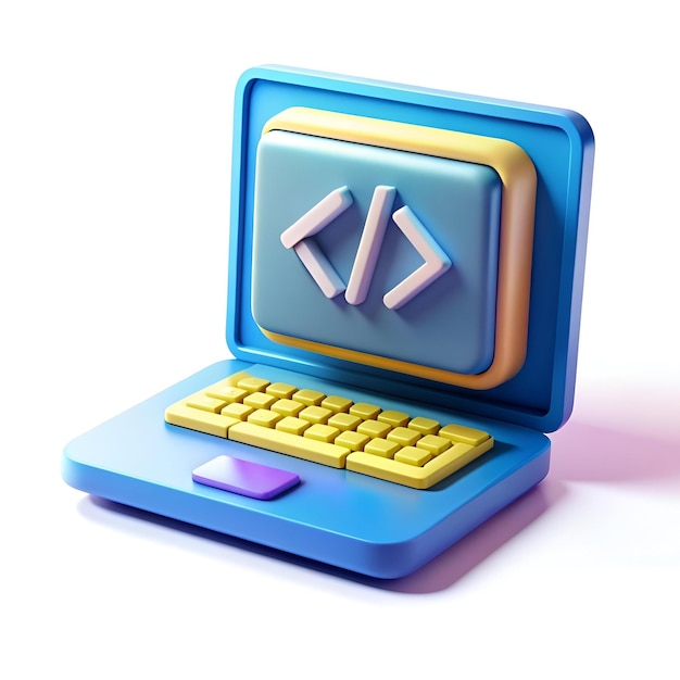 A playful 3D illustration of a laptop with a code icon on the screen perfect for representing web development programming and technology concepts