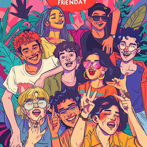a poster for a friends day with a picture of a group of people