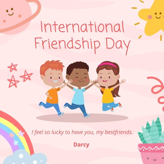 a poster for international friendship day with kids running in a circle
