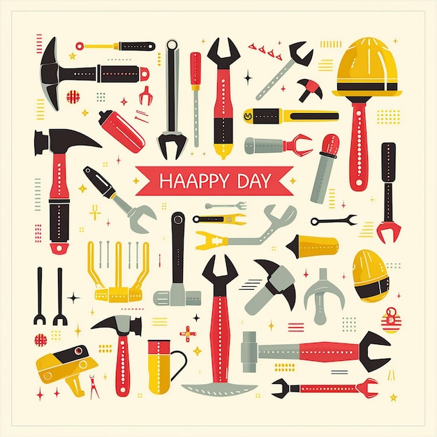 a poster with a collection of tools and tools for a happy day