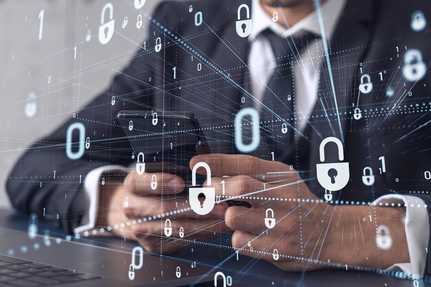 a programmer is browsing the internet in smart phone to protect a cyber security from hacker attacks and save clients confidential data padlock hologram icons over the typing hands formal wear
