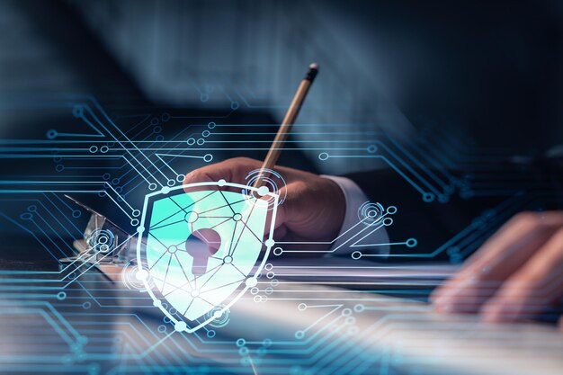 a programmer is taking notes of clients needs to protect cyber security from hacker attacks and save clients confidential data padlock hologram icons over the typing hands formal wear