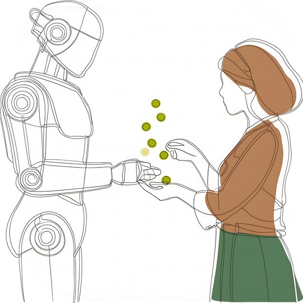 A robot analyzing data with digital charts in the background