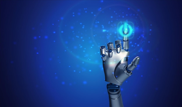 a robot hand points to a blue screen with a blue light that says robot on it