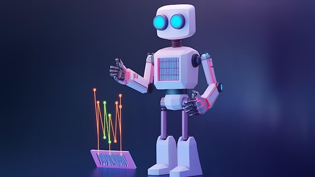 A robot with a blue background and green and orange numbers.