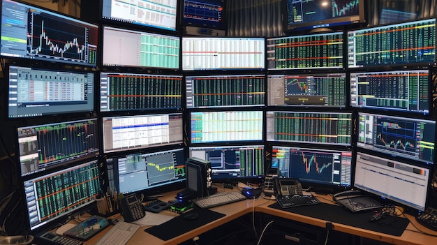 a room full of computer monitors displaying stock market data