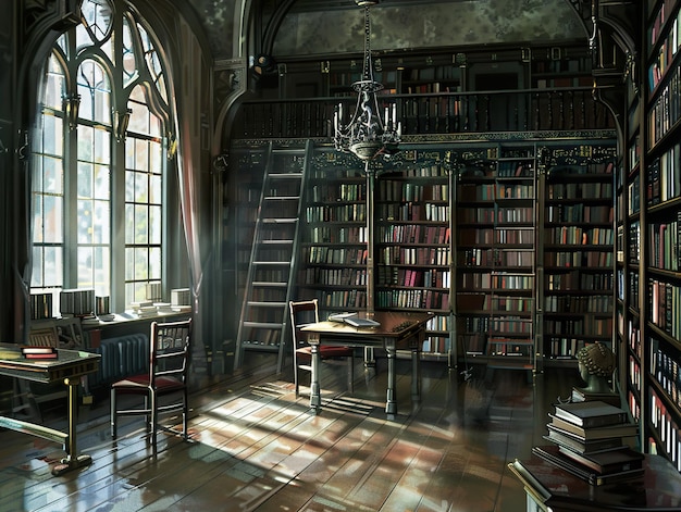 a room with a bookcase with a chandelier hanging from the ceiling