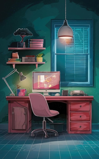 a room with a desk computer and a chair computer