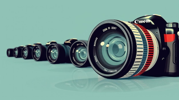 a row of camera lenss with the lens missing