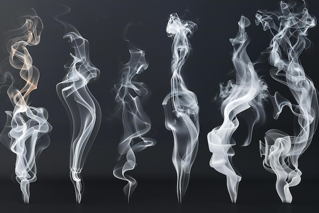 a series of white smokes with smoke swirling around them
