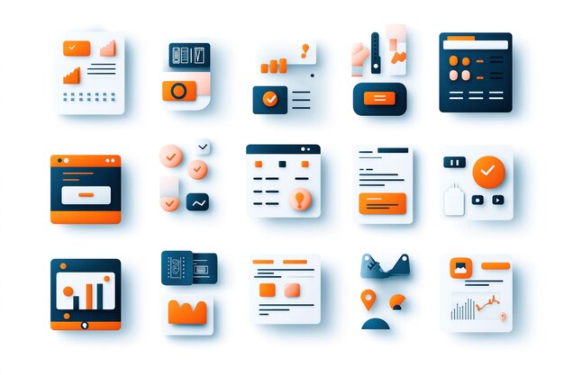 A set of 3D icons representing various data and analytics elements such as graphs charts and interface elements in a modern colorful design