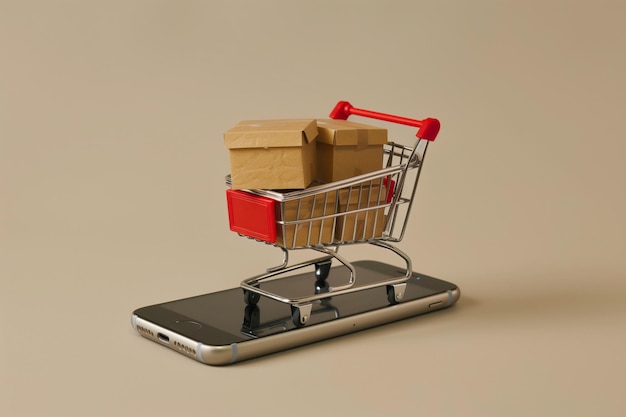 a shopping cart full of boxes stands on a mobile phone 5