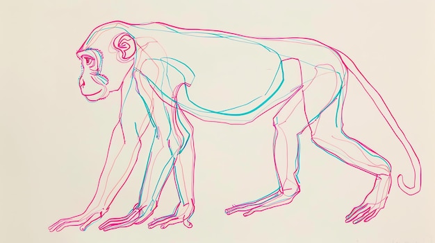 A simple line drawing of a monkey in three colors The monkey is facing left and is in a walking pose The lines are blue pink and green