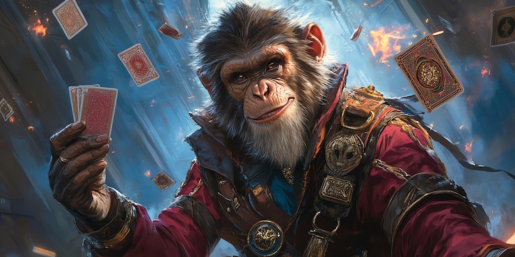 Foto a smiling chimpanzee in a red jacket holds a hand of cards in a fantasy setting with playing cards floating around him