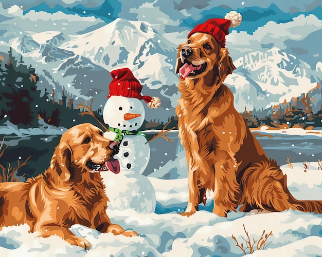 a snowman with a hat and a snowman in the background