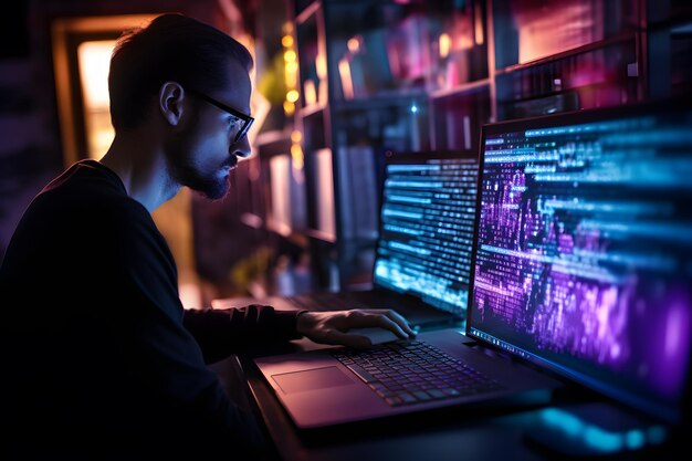 A social network analysis typing on a computer on screen and coded software