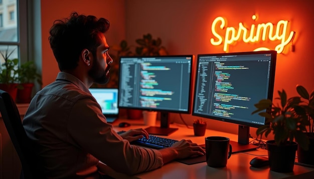 A software developer coding on multiple monitors in a casual office space open source code display