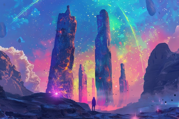 a solitary figure stands before towering rock formations the sky ablaze