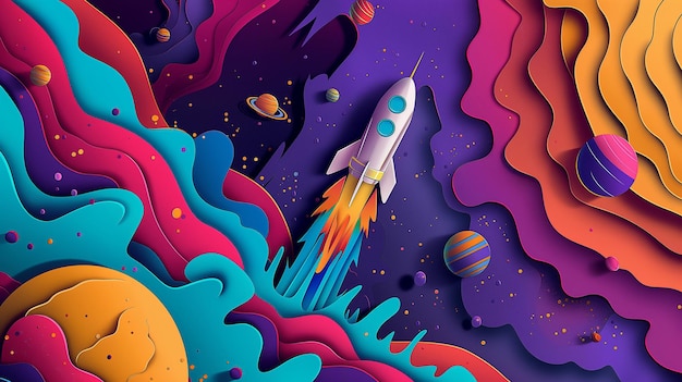 a space ship is painted in purple and has a rocket on the top