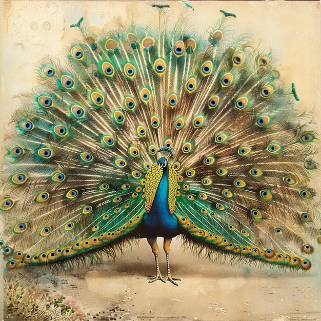 A splendid peacock showing its beautiful plumes