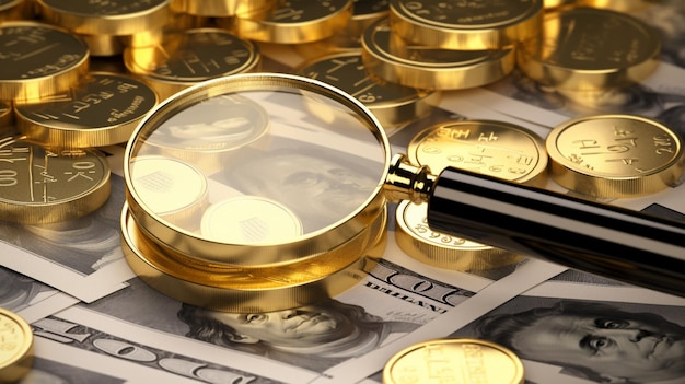 A stack of u. s. dollars with a magnifying glass on top.
