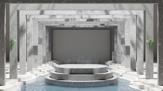 A stage with a blue water feature in the background.