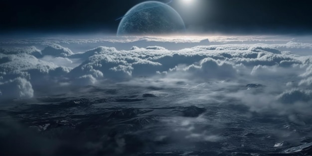 a stark planet from above the clouds during a snow storm with an eclipse in the distance