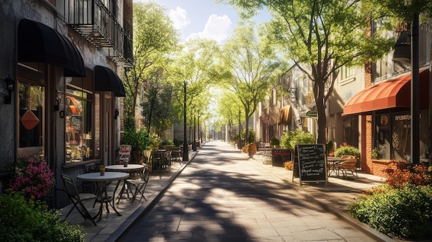 A Sunny Day on a Charming European Street Outdoor cafes trees and beautiful architecture create a peaceful atmosphere