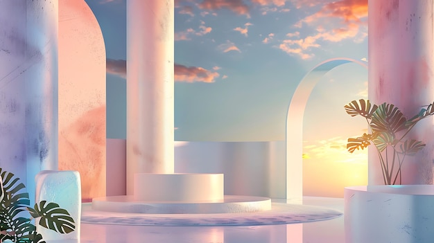 a sunset is behind a building with a round table and a round table with a large arch in the middle