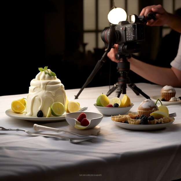 A table set with various dishes and a camera capturing the scene Generative AI