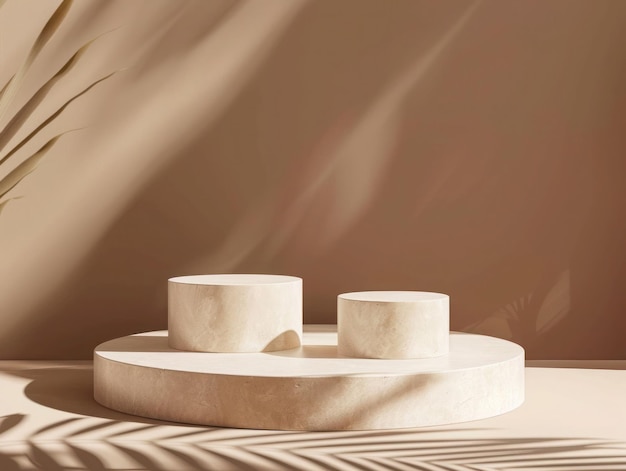 a table with three white bowls on it and one with a plant in the background