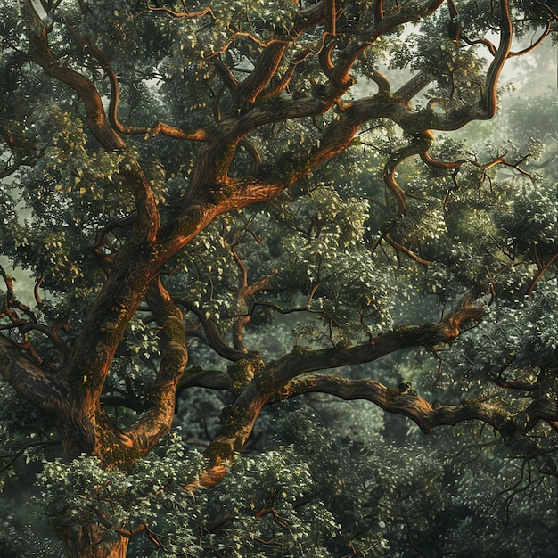 a tree with a green trunk is in the middle of a forest